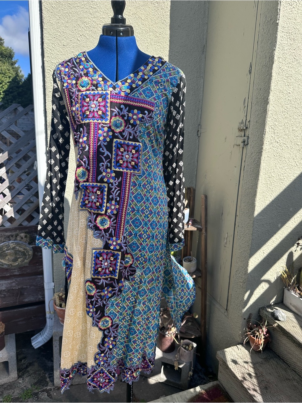 Vintage Women's Multi-Color Patchwork V-Neck Long Dress
